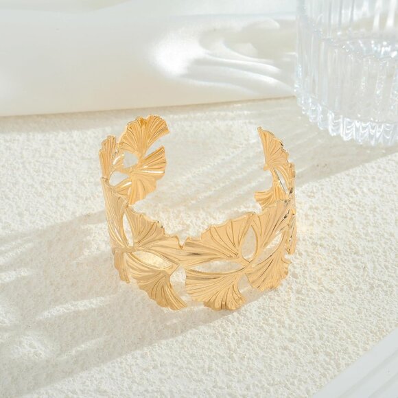 Gold Chunky Cuff Bracelet for Women Copper Gold-Plated Adjustable Statement Jewe - Picture 8 of 9